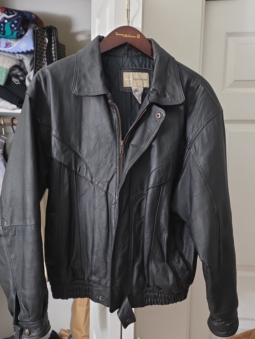 Equipment Black Leather Bomber Jacket with Panel Stitching